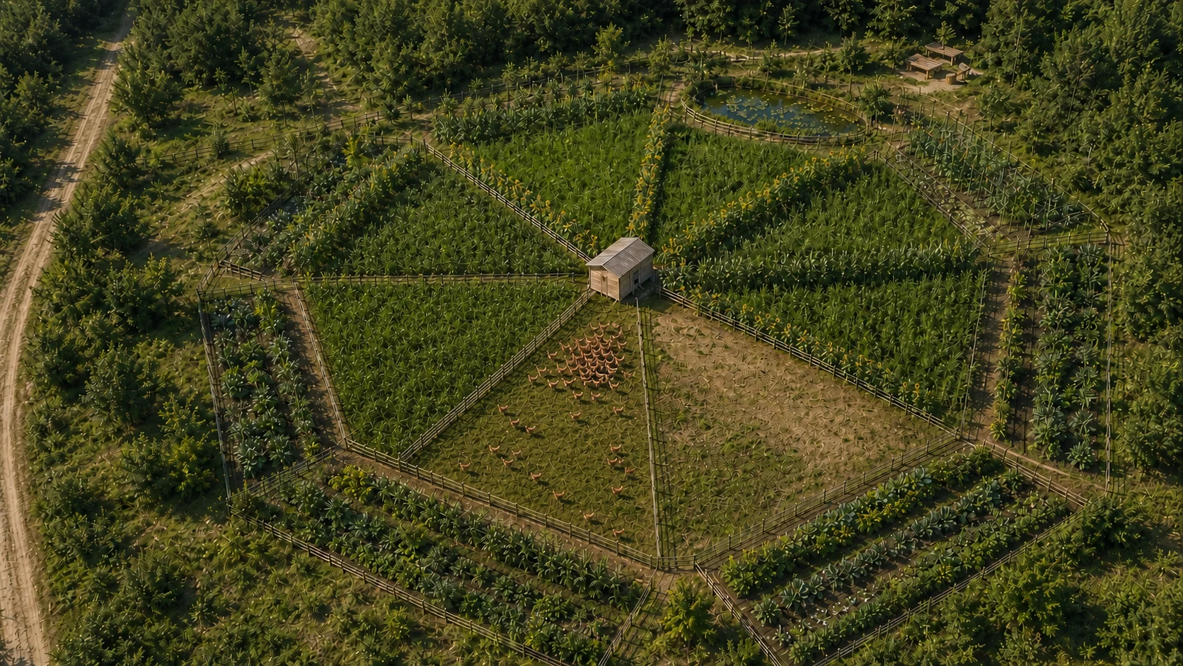 Projection aérienne du Nid Sauvage : poulailler, paddocks et jardins.