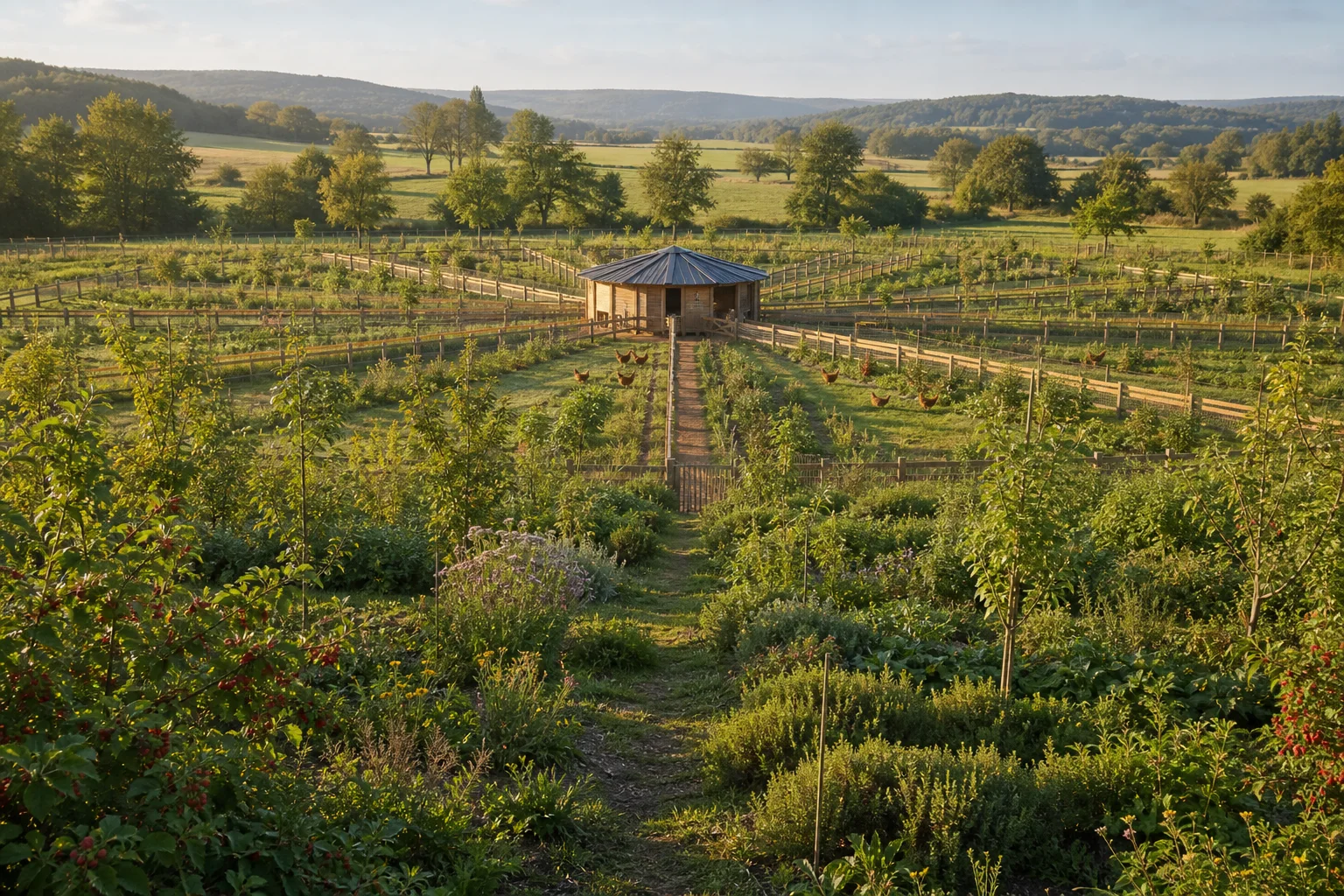 Le Nid Sauvage — poulailler central, paddocks et jardins.