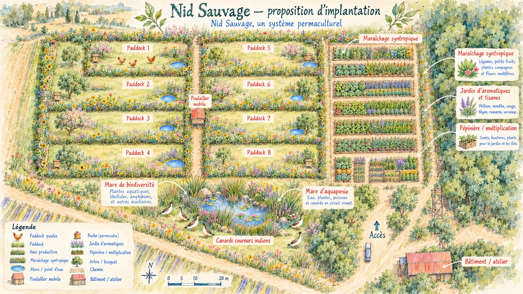 Plan permacole du Nid Sauvage : paddocks, jardins, mares et poulailler mobile