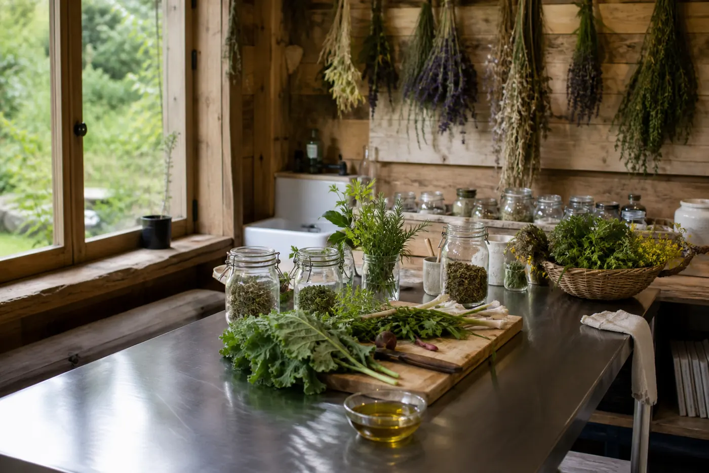 Atelier de transformation, herbes et bocaux