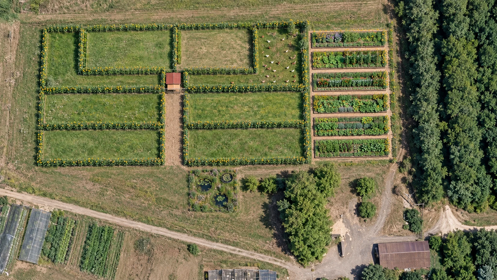 Projection aérienne des jardins, des paddocks et de la mare du Nid Sauvage